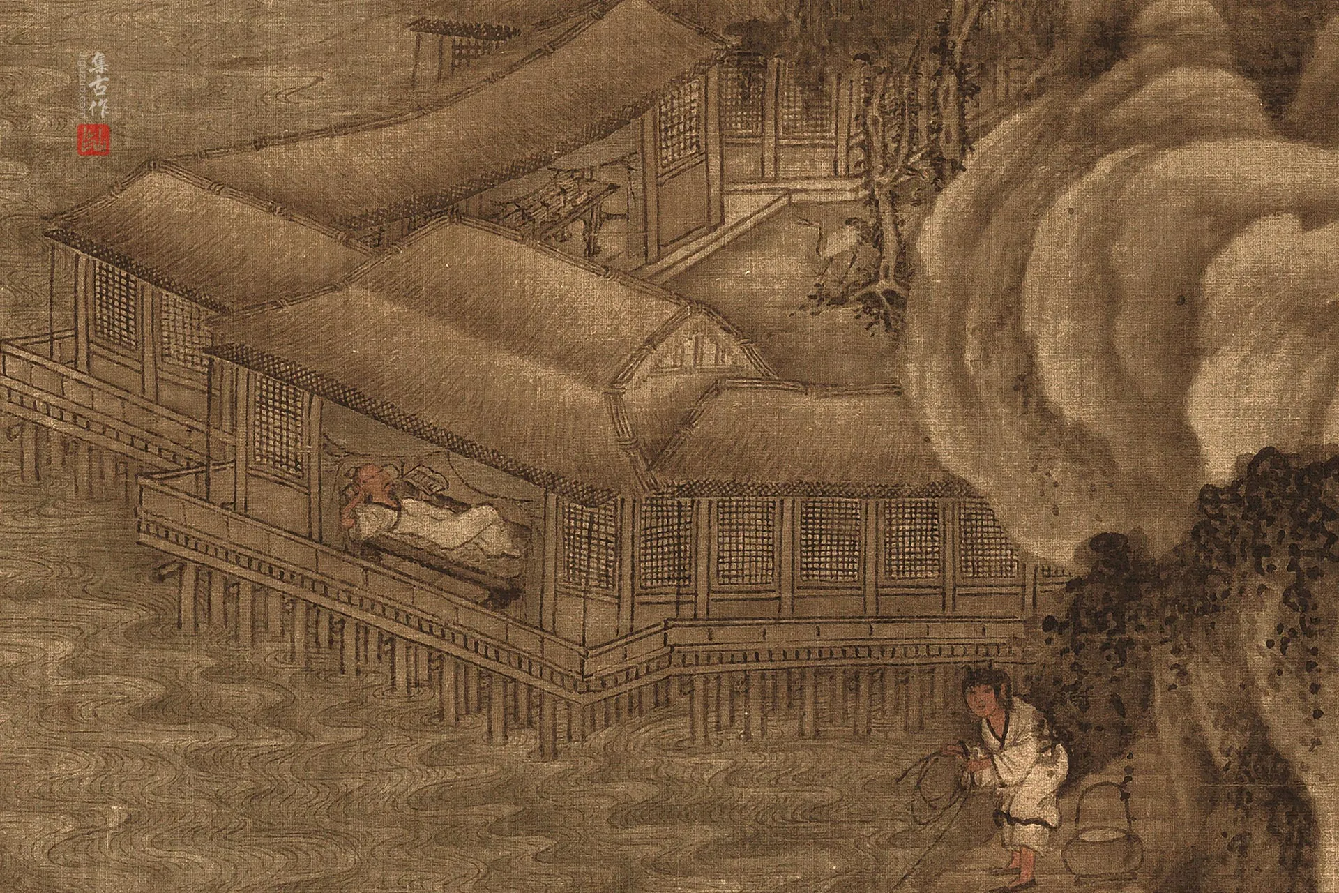 传五代南唐巨然《湖山春晓图》局部 (1)