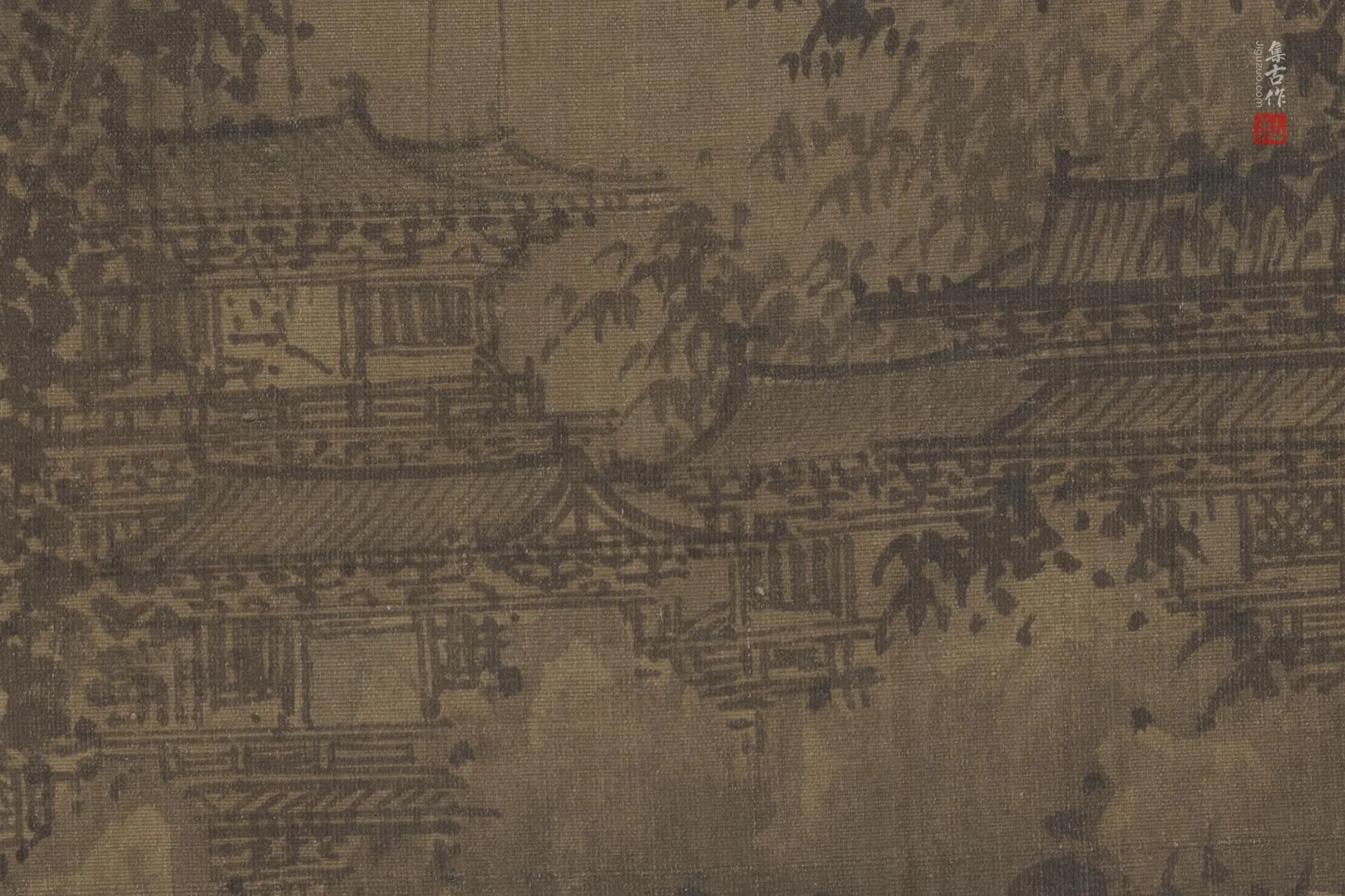 巨然山水《溪山兰若图》高清大图局部 (1)