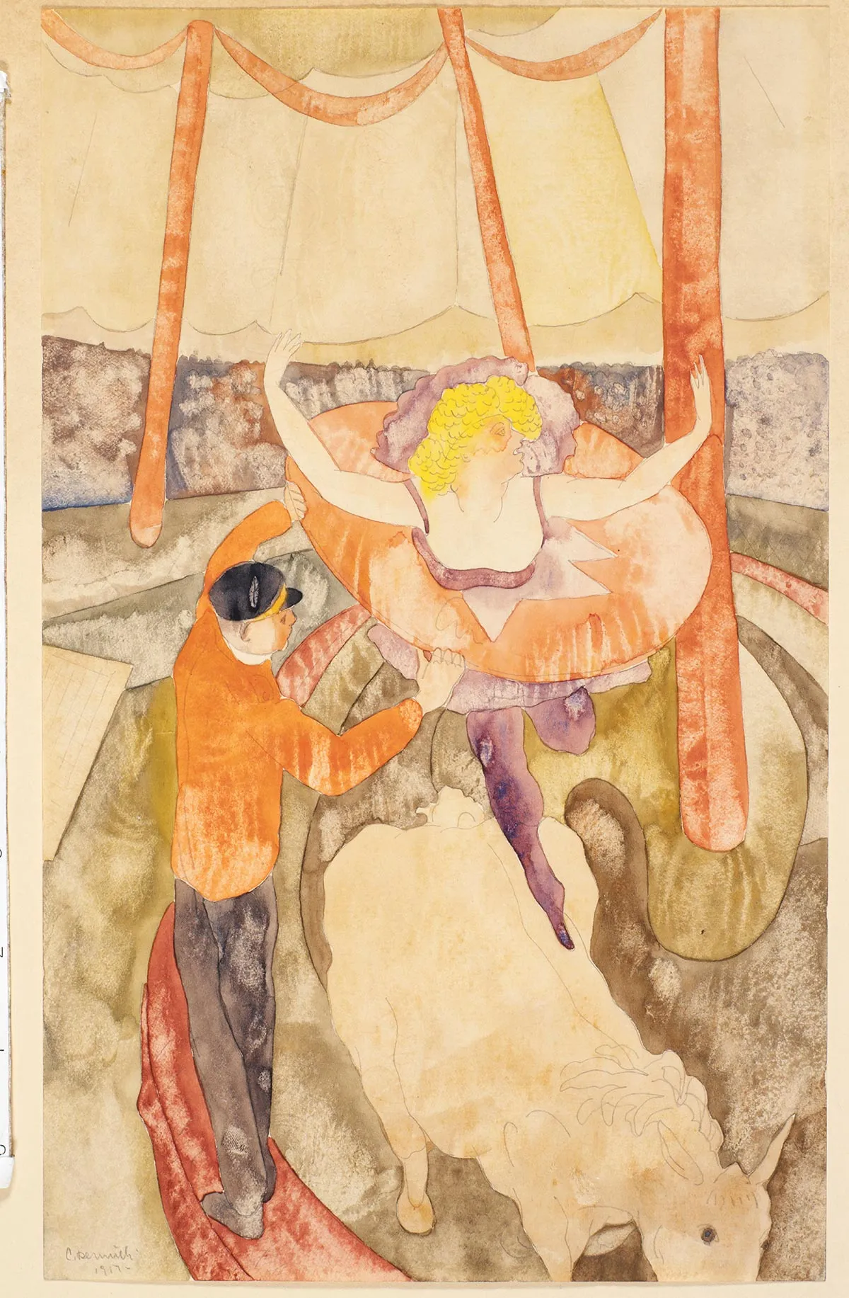 查尔斯·德穆斯《女骑手与助手》水彩画