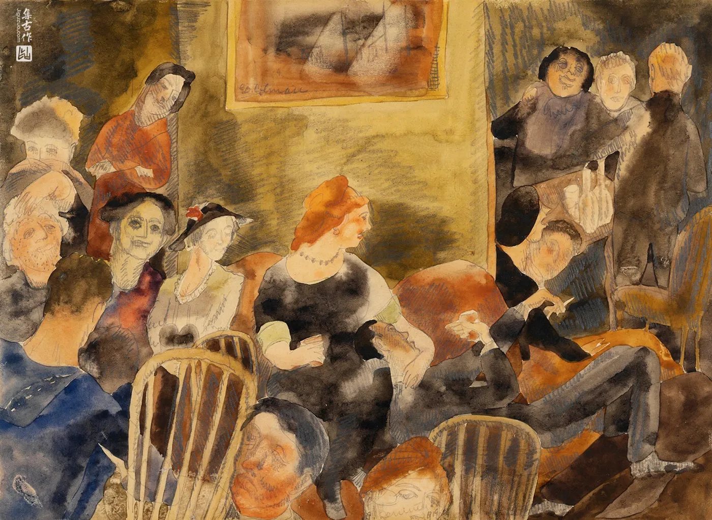 查尔斯·德穆斯《室内场景:众人围聚红发女子》水彩画作品