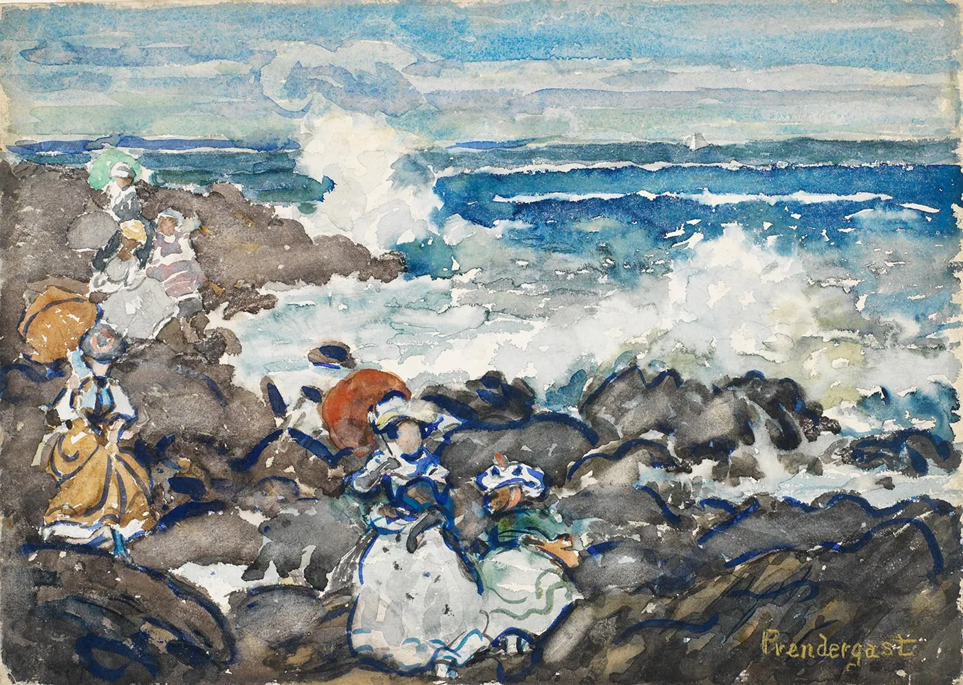 普雷德加斯特《岩石、海浪与人物》水彩画作品