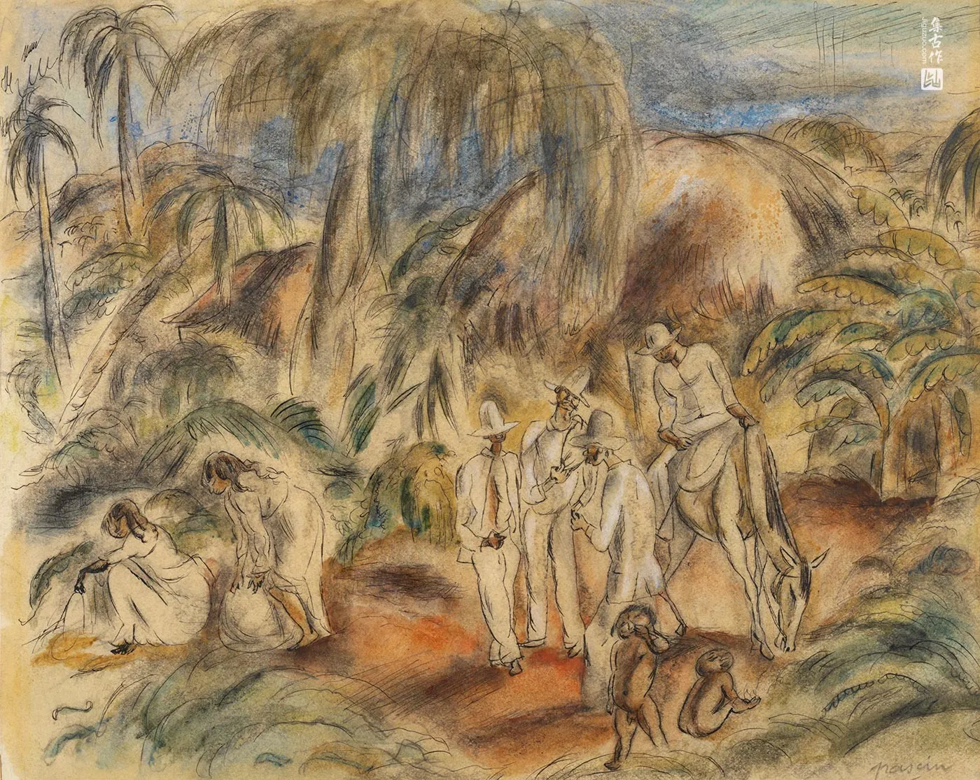 朱勒·帕斯金《热带风景中的人物》水彩画作品