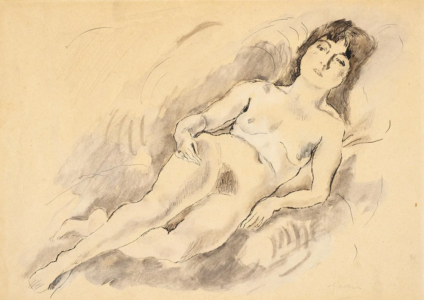 朱勒·帕斯金《斜倚的裸女》水彩画人物