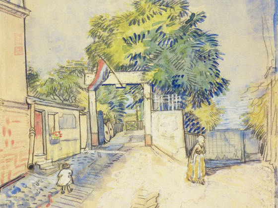 梵高水彩画风景《Entrance to the Moulin de la Galette》