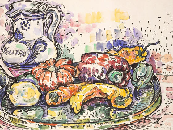 新印象派“西涅克”水彩画静物《盘子里的蔬果与水罐》