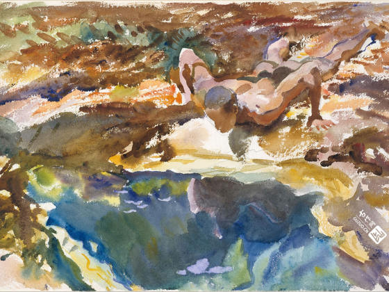 萨金特水彩画作品《男人和水池》