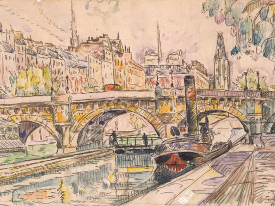 西涅克水彩画风景《巴黎新桥的拖船》