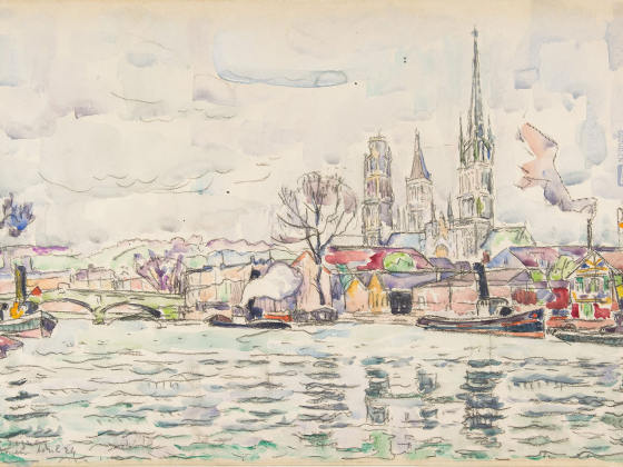 新印象派西涅克水彩速写《鲁昂河景》