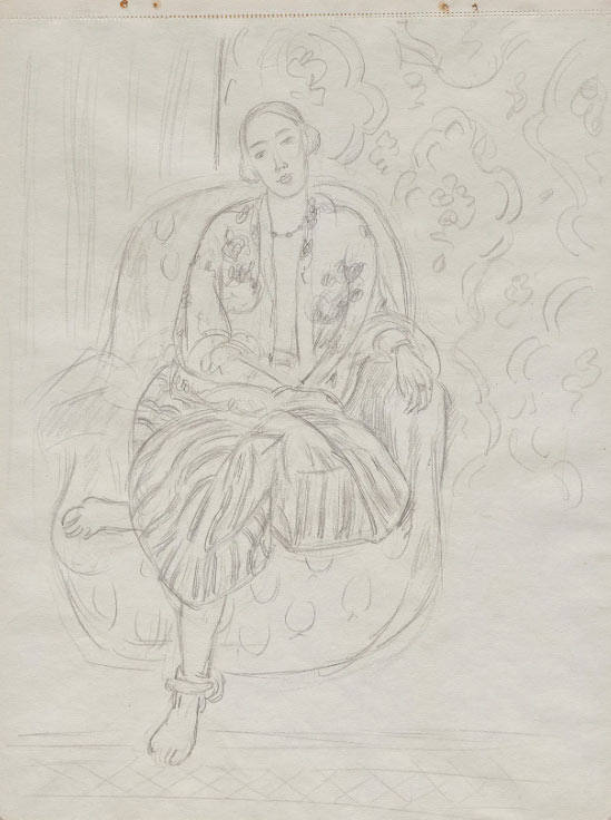 马蒂斯素描《穿条纹裤的坐姿宫女》