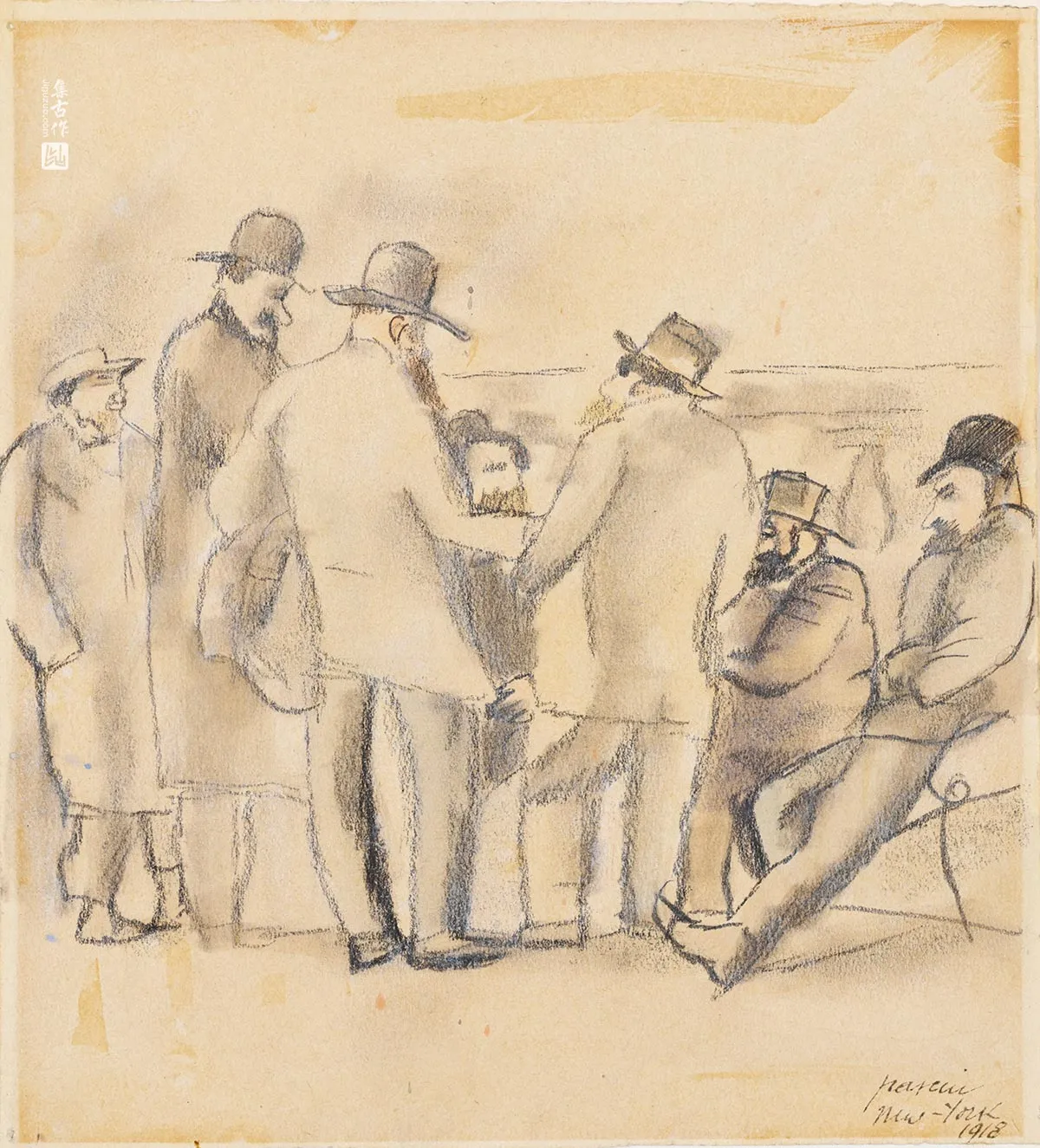 朱勒·帕斯金《纽约:群男图》素描人物画作品