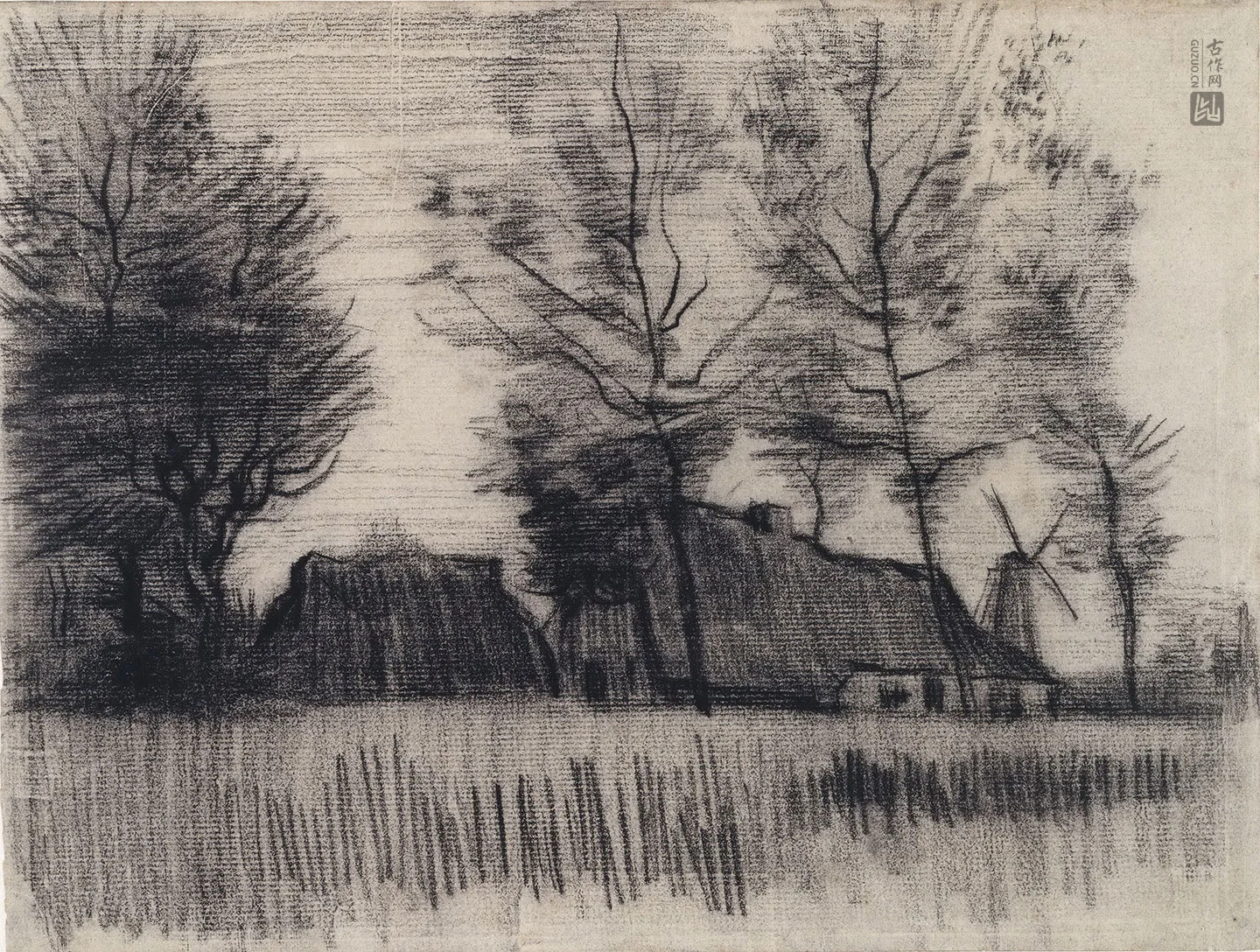 梵高素描风景作品《带有农舍和磨坊的风景》