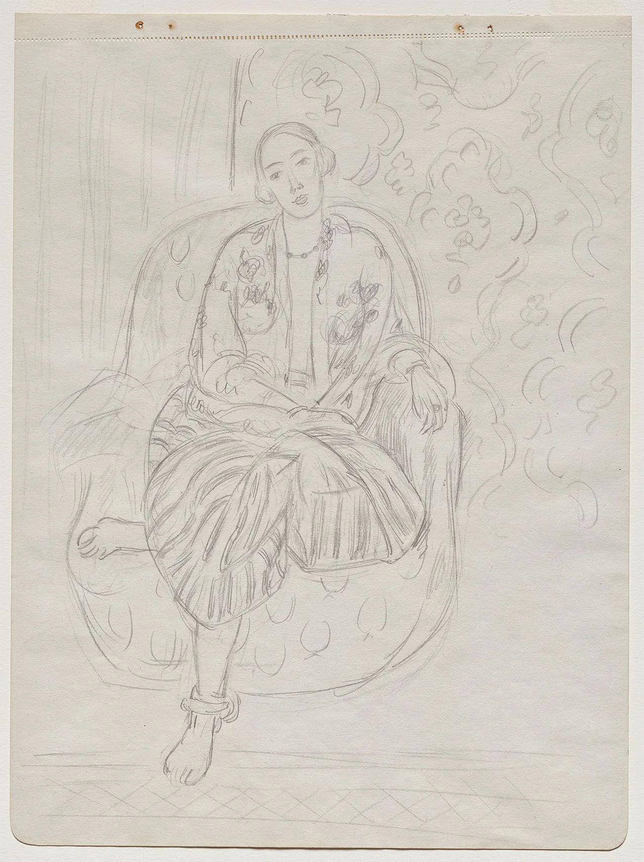 马蒂斯素描人物全身像《穿条纹裤的坐姿宫女》