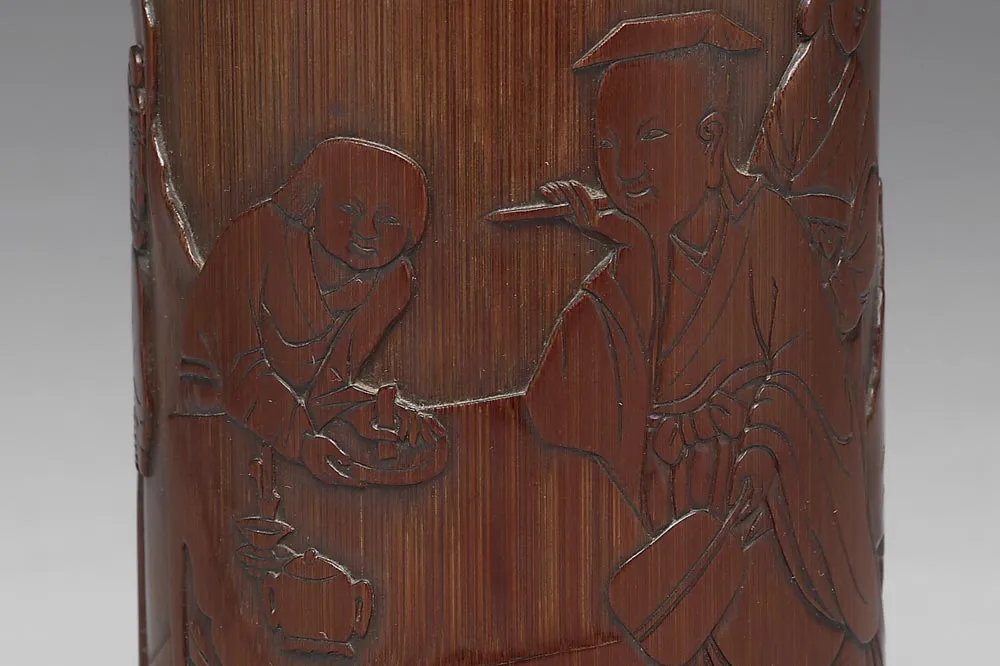 明代“竹雕羲之题扇图笔筒”雕刻局部 (1)