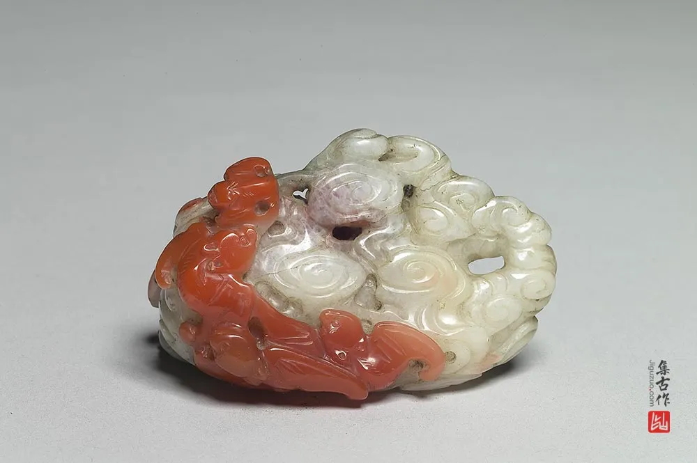 清代红玉髓雕云蝠-(2)