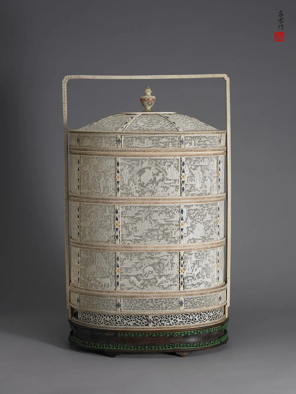 清代“象牙雕四层透花提食盒”雕刻-(1)