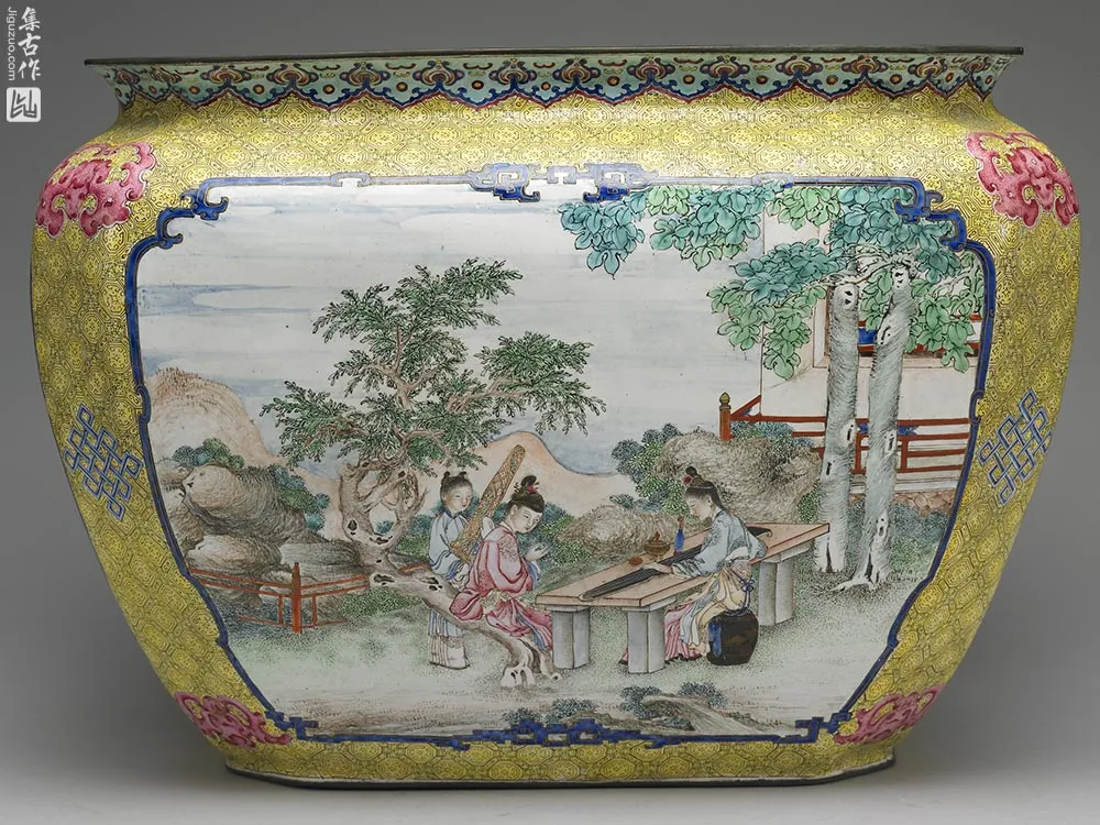 清代铜胎画珐琅课子图方盆-(5)