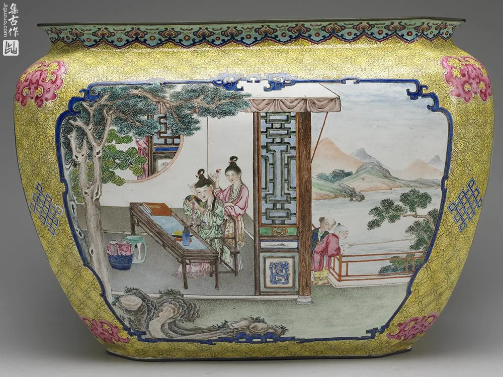清代铜胎画珐琅课子图方盆-(3)