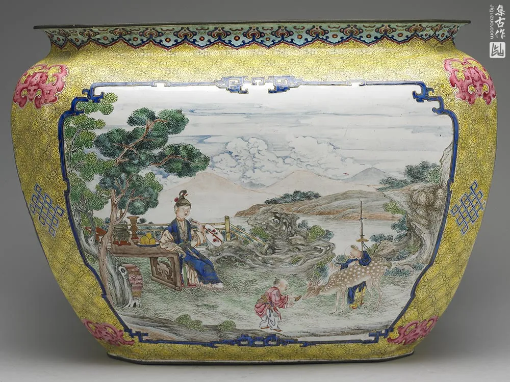 清代铜胎画珐琅课子图方盆-(6)