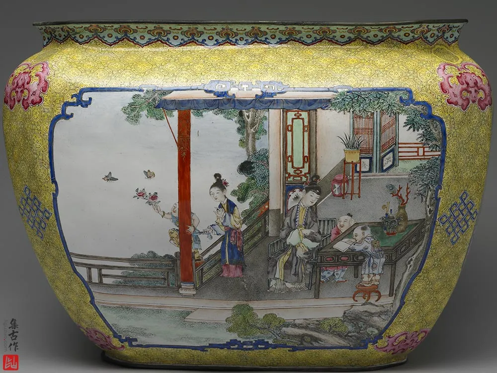 清代铜胎画珐琅课子图方盆-(3)