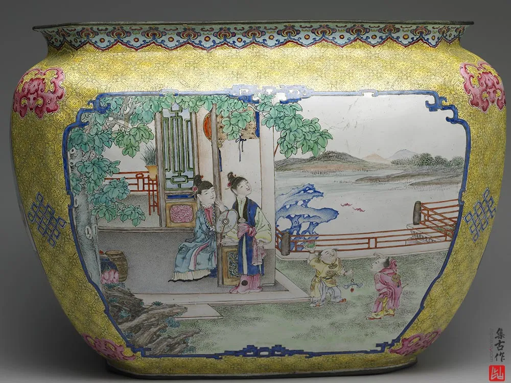 清代铜胎画珐琅课子图方盆-(6)