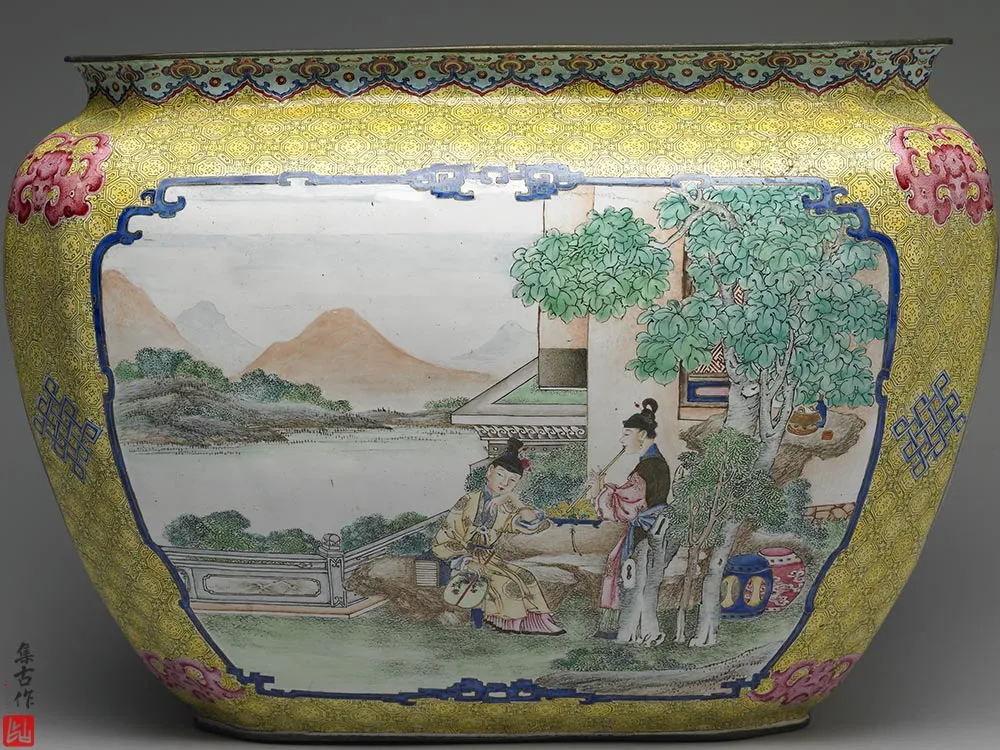 清代铜胎画珐琅课子图方盆-(5)