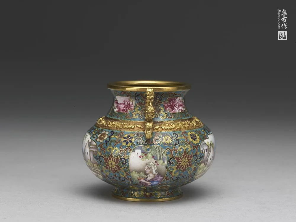 清代乾隆金胎掐丝兼画珐琅螭耳罐-(4)