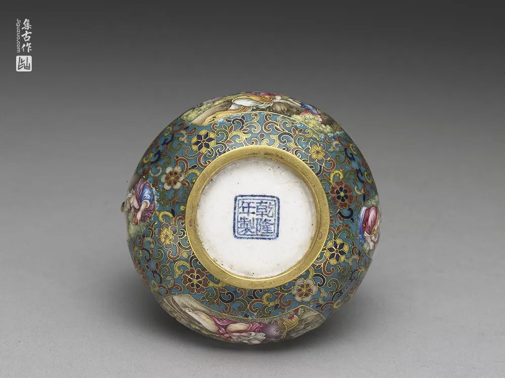 清代乾隆金胎掐丝兼画珐琅螭耳罐-(5)