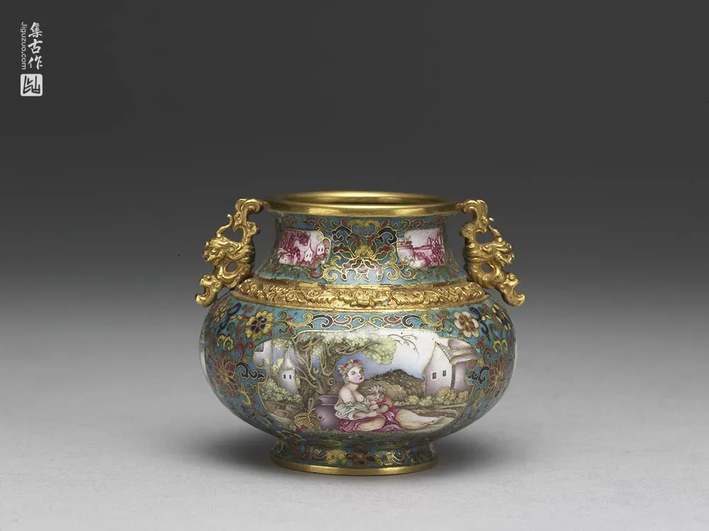 清代乾隆金胎掐丝兼画珐琅螭耳罐-(3)