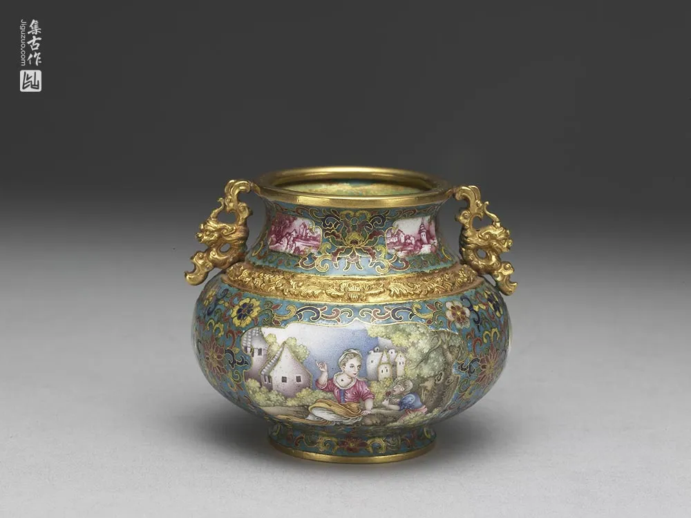 清代乾隆金胎掐丝兼画珐琅螭耳罐-(1)