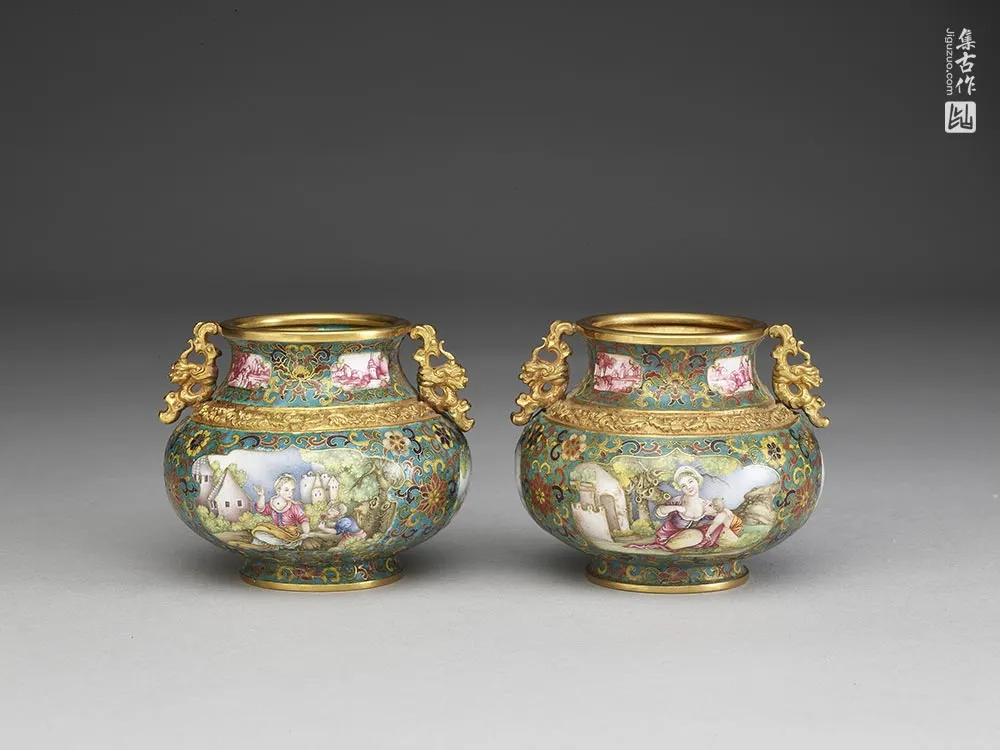 清代乾隆金胎掐丝兼画珐琅螭耳罐-(8)