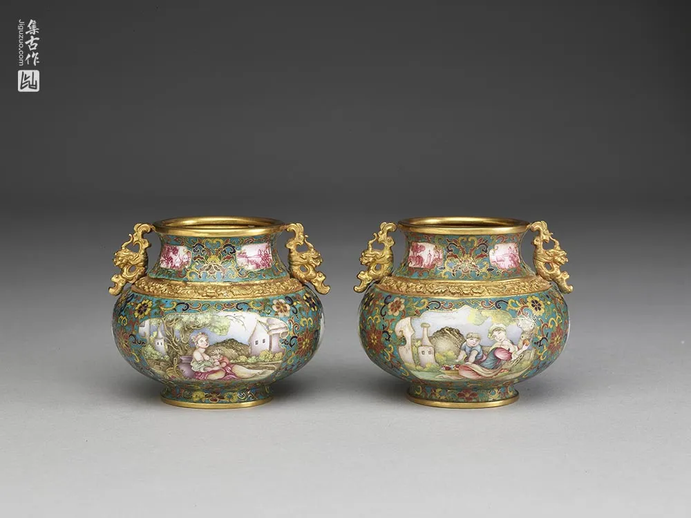 清代乾隆金胎掐丝兼画珐琅螭耳罐-(7)