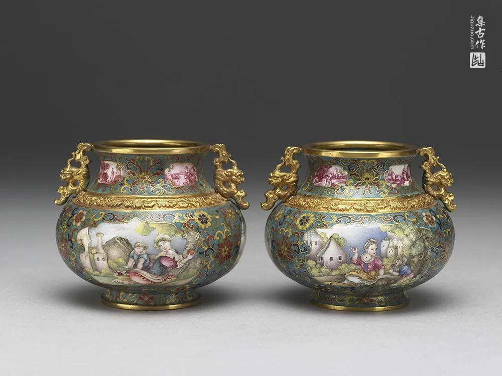 清代乾隆金胎掐丝兼画珐琅螭耳罐-(6)