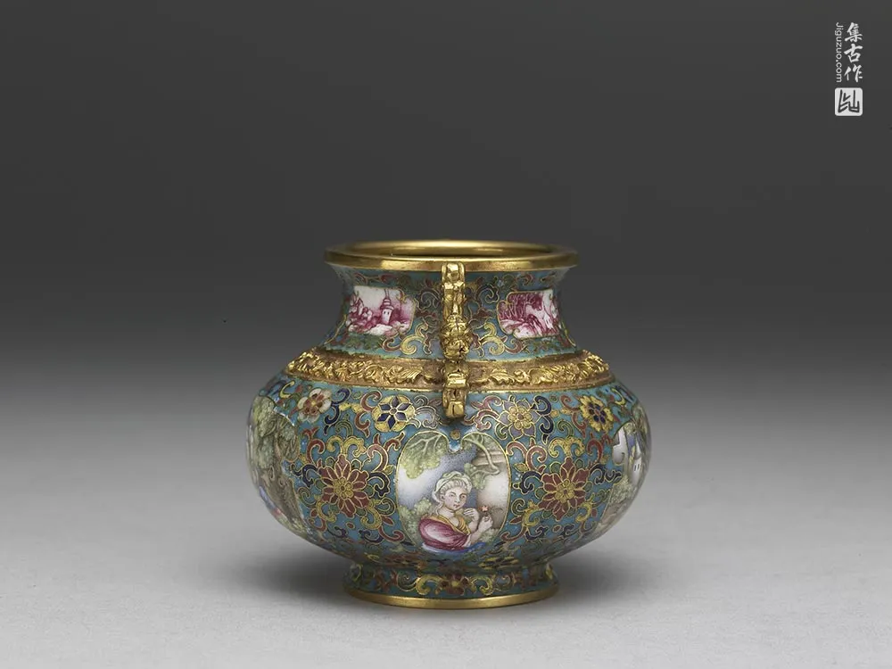 清代乾隆金胎掐丝兼画珐琅螭耳罐-(2)