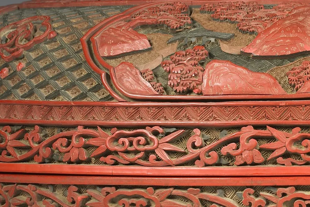 清代“剔彩寿春宝盒”漆器局部 (4)