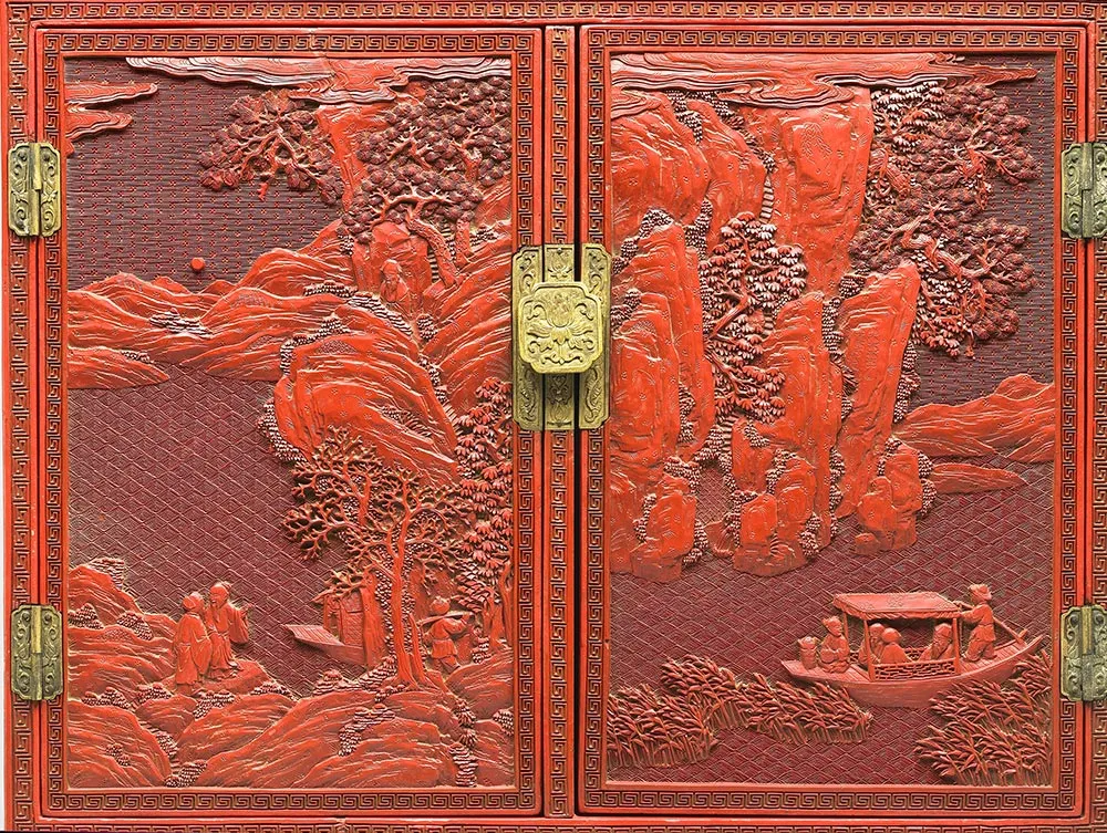 剔红山水人物长方柜-(3)