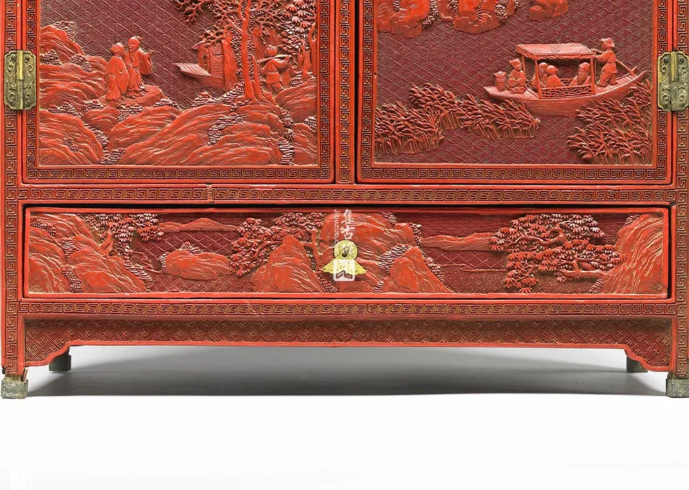 剔红山水人物长方柜-(2)