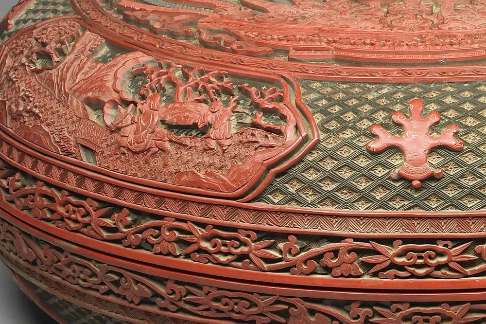 清代“剔彩寿春宝盒”漆器局部 (3)