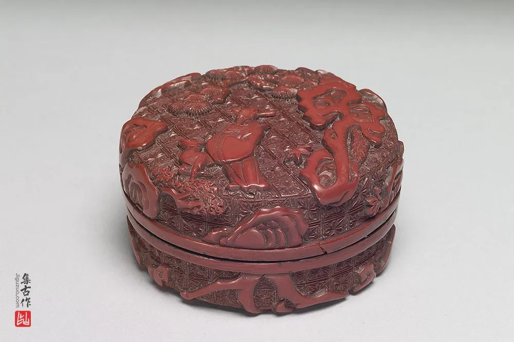 明代剔红禄位高升人物圆盒-(1)