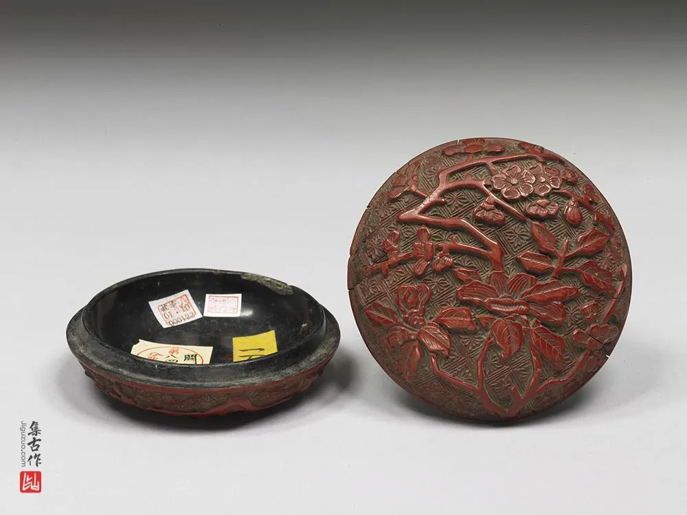 明代“剔红茶花梅花圆盒”漆器-(3)
