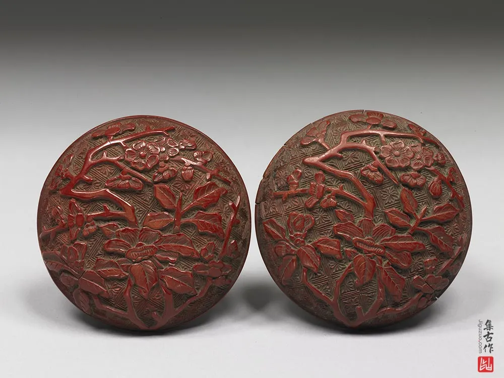 明代“剔红茶花梅花圆盒”漆器-(4)