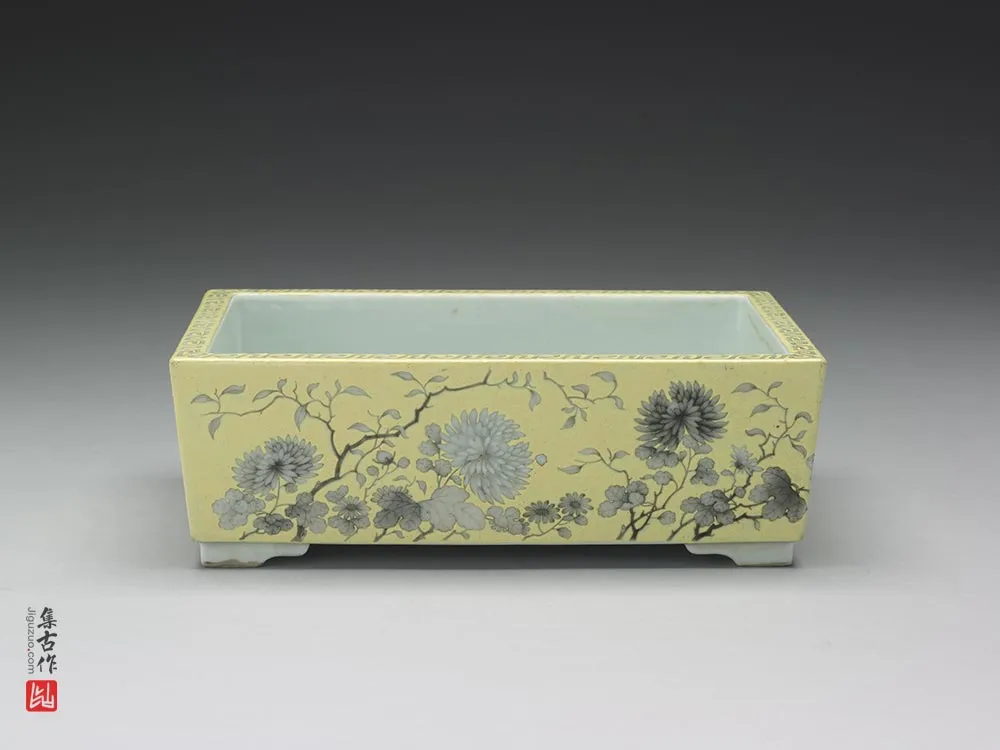 清代光绪粉彩墨菊纹长方盆-(4)