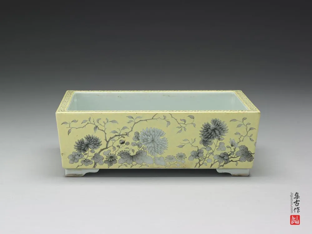 清代光绪粉彩墨菊纹长方盆-(2)