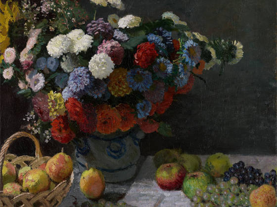 莫奈静油画物画作品《花卉与水果的静物》