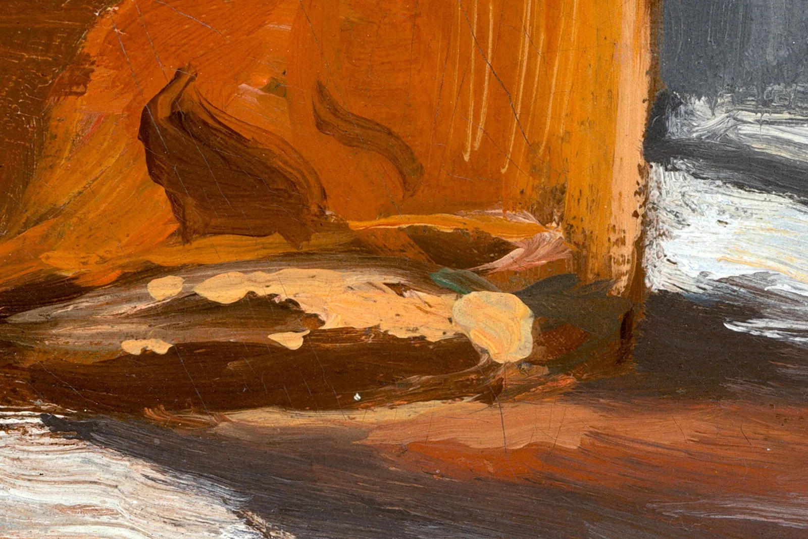 莫奈油画静物作品《瓶子、玻璃瓶、面包和葡萄酒》超高清大图局部 (5)