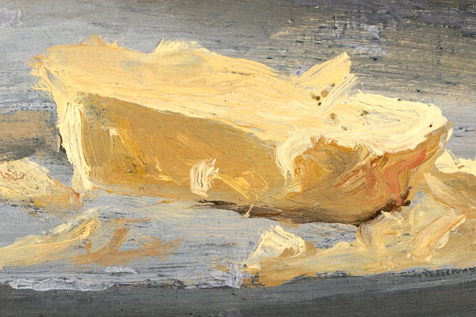 莫奈油画静物作品《瓶子、玻璃瓶、面包和葡萄酒》超高清大图局部 (1)