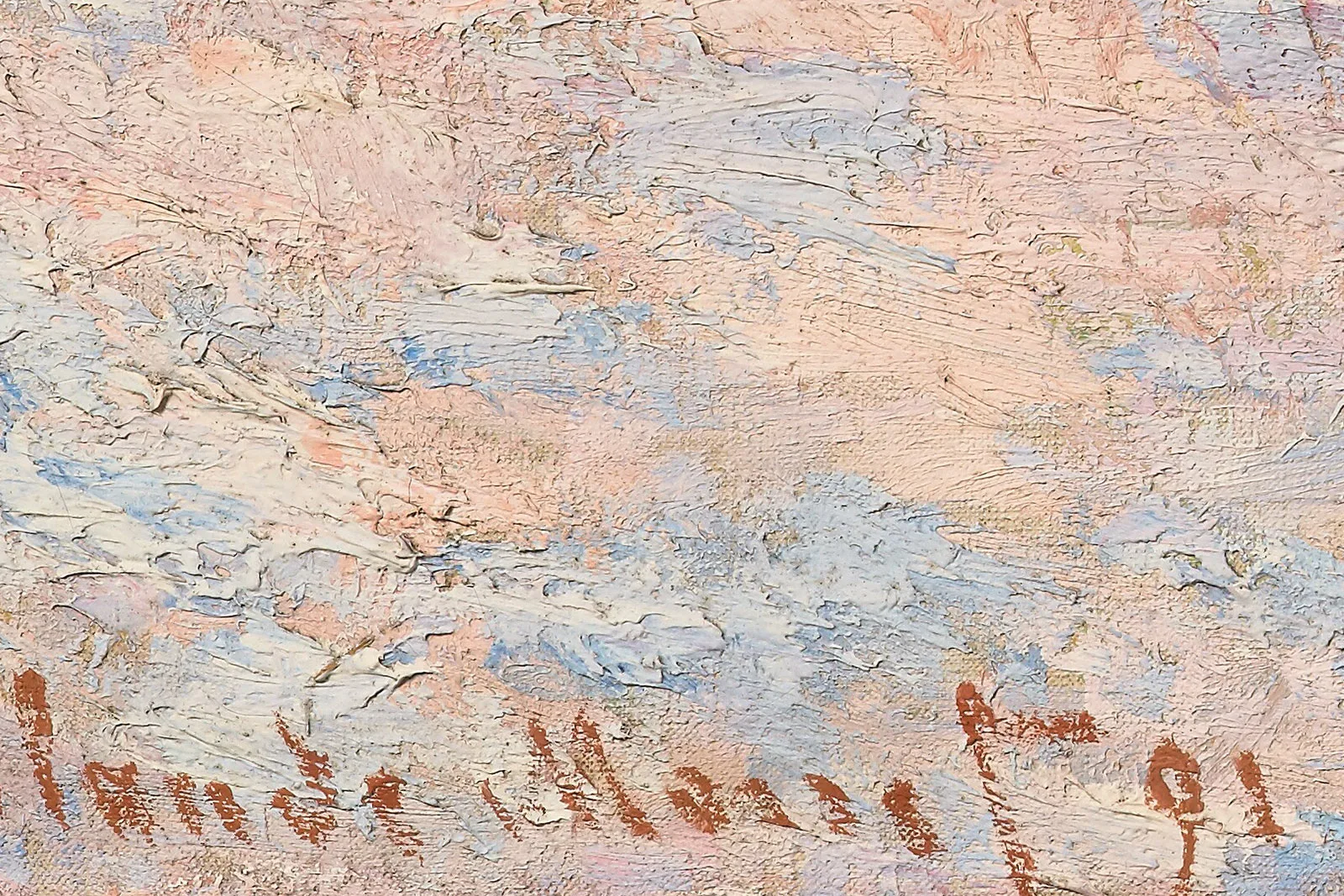 克劳德·莫奈油画《清晨的干草堆雪景》高清大图局部 (6)