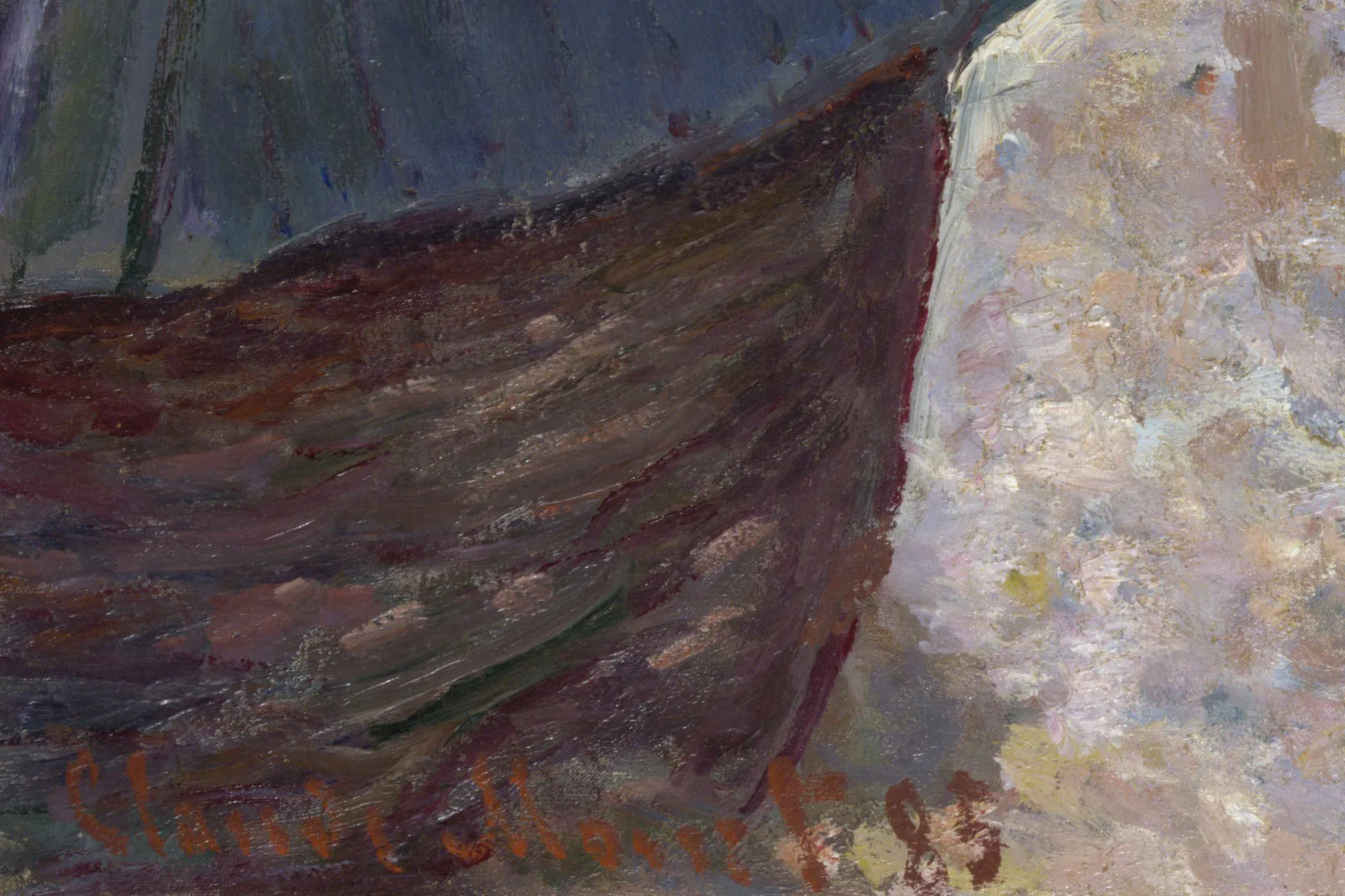 印象派莫奈油画《渔船离港,埃特勒塔》局部 (5)