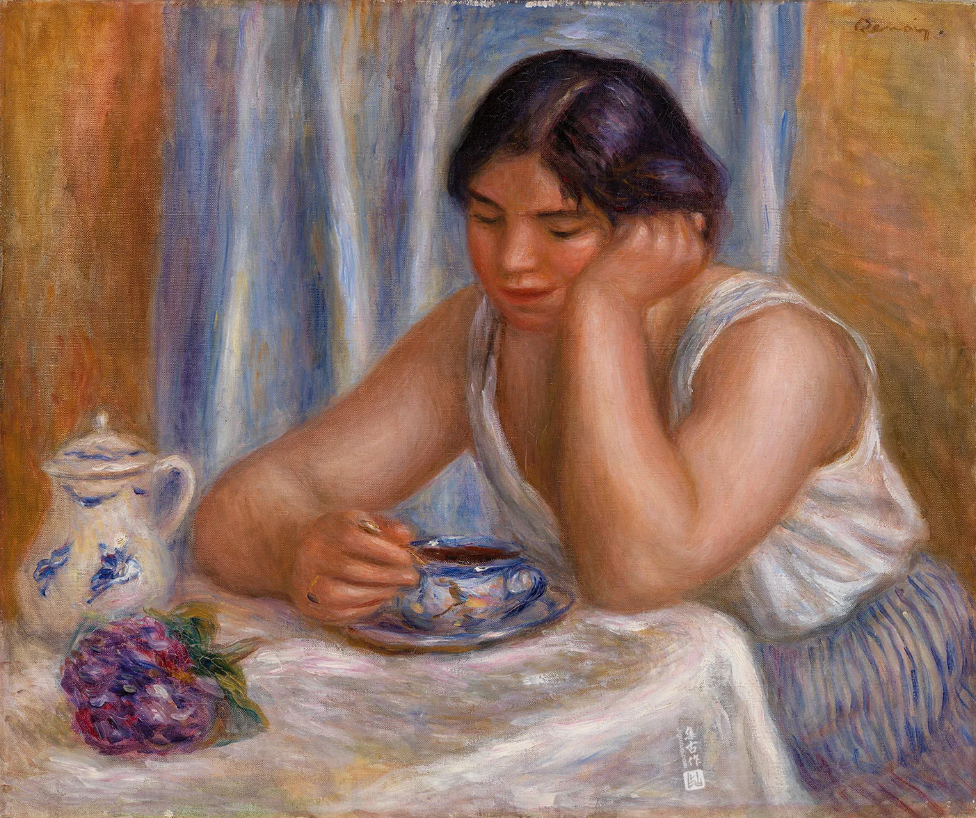 雷诺阿油画人物《一杯巧克力(饮巧克力的女子)》