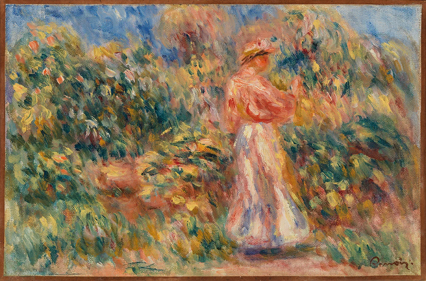 雷诺阿油画《有穿着白色和粉红服饰的女人风景》