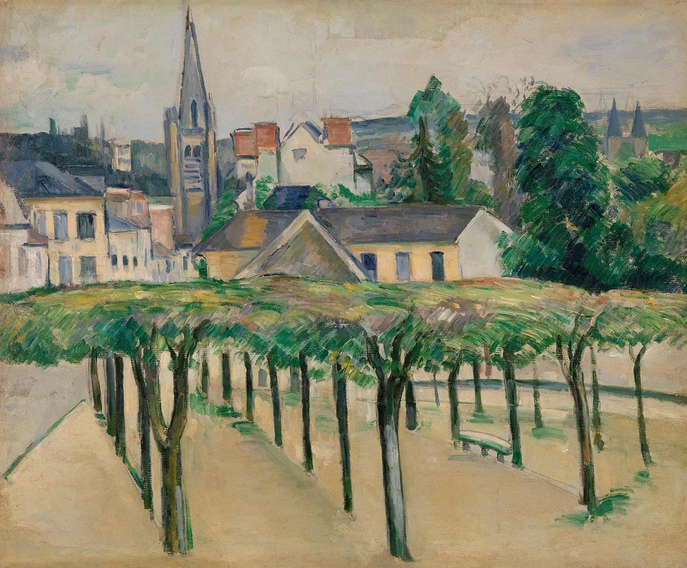 保罗·塞尚油画风景《从默伦省府广场远眺圣阿斯帕伊教堂》